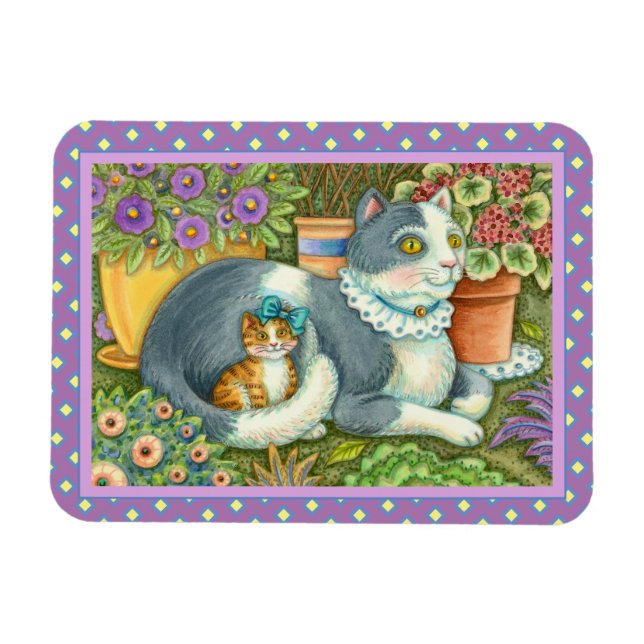MAGNET FLEXIBLE CHAT MÈRE ET CUISINE, FLEURS POTÉES, BOWS & LACE (Horizontal)