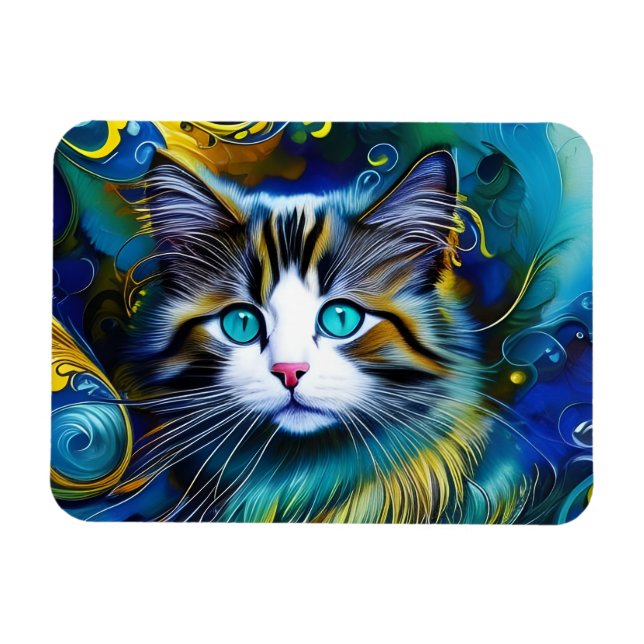 Magnet Flexible Chat Mystique Beau en Bleus et Ors (Horizontal)