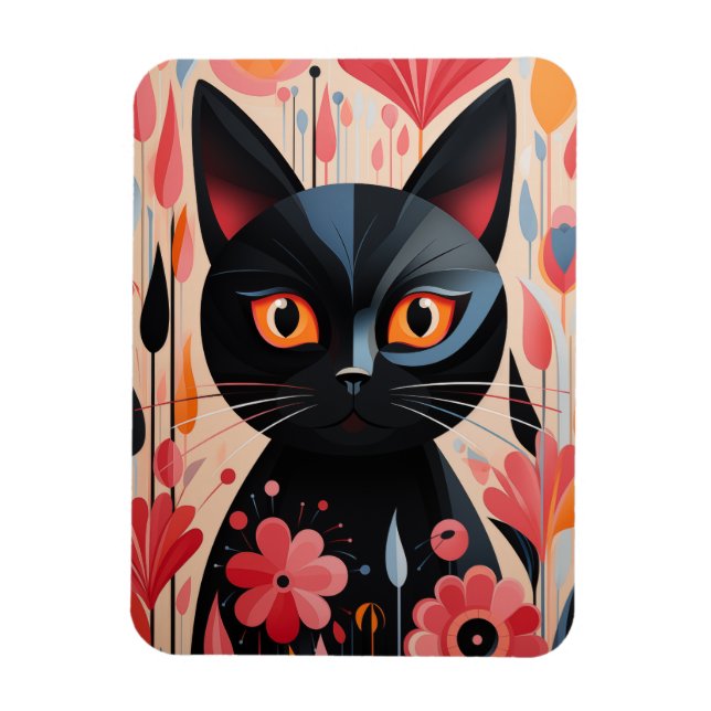 Magnet Flexible Chat Noir Adorable Avec Fleurs Roses (Vertical)