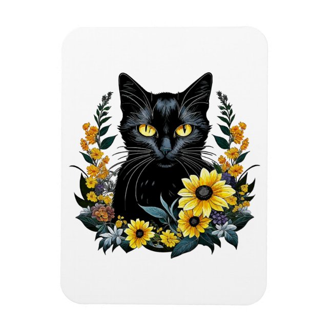 Magnet Flexible chat noir avec des fleurs (Vertical)
