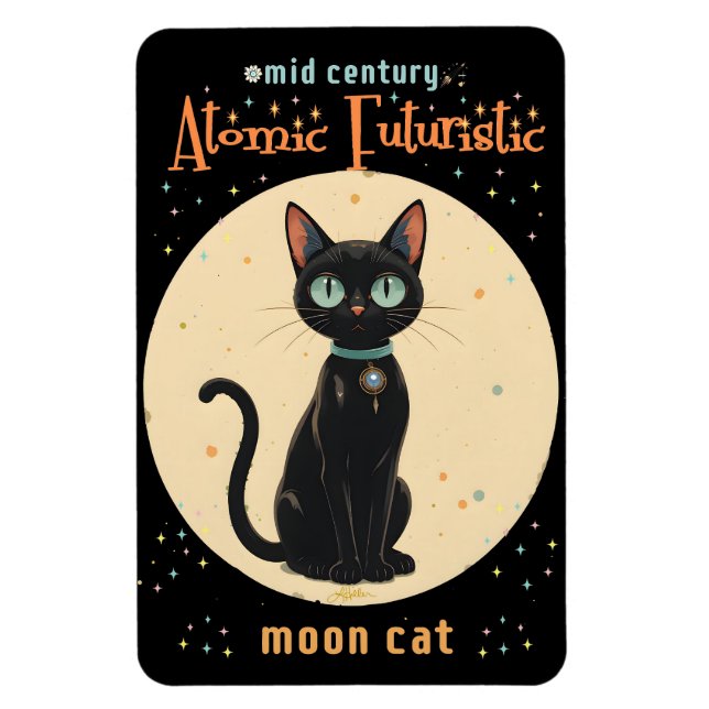 Magnet Flexible Chat noir futuriste atomique avec lune et texte (Vertical)