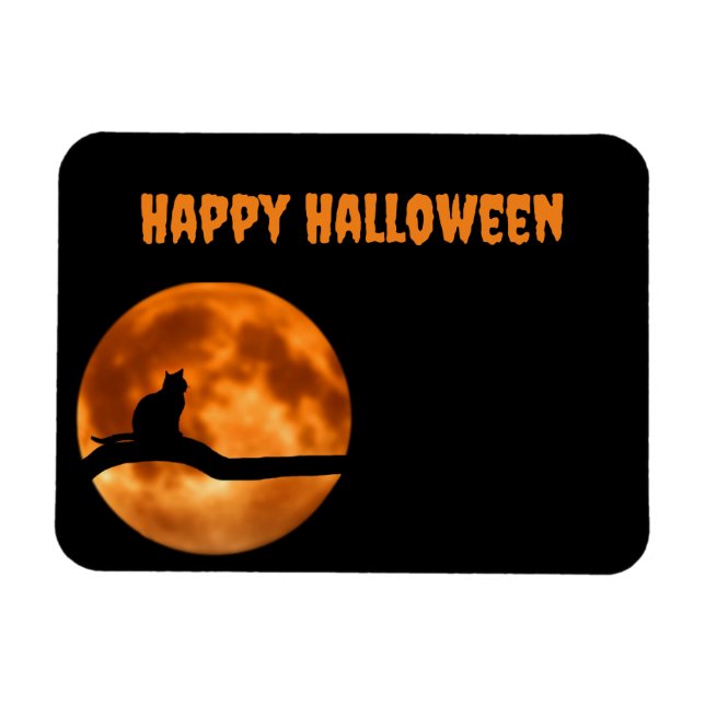 Magnet Flexible Chat noir sous Orange Moon Étiquette retour (Horizontal)