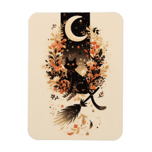 Magnet Flexible Chat noir sur le balai de sorcière sous la lune