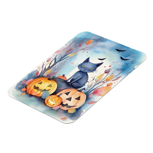 Magnet Flexible Chat Oriental Bleu d'Halloween avec des Citrouille (Côté Gauche)