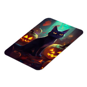 Magnet Flexible Chat Tuxedo d'Halloween avec citrouilles effrayant