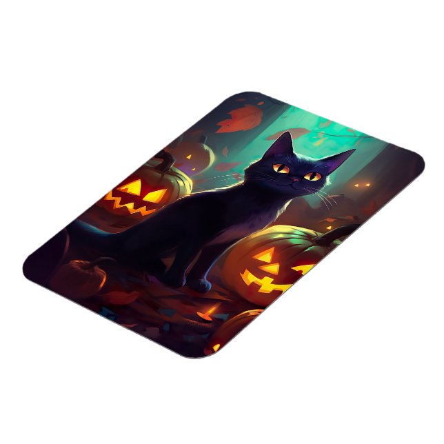 Magnet Flexible Chat Tuxedo d'Halloween avec citrouilles effrayant (Côté Gauche)
