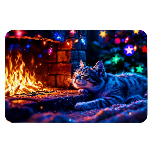 Magnet Flexible Cheminée confortable chat mignon Joyeux Noël (Horizontal)