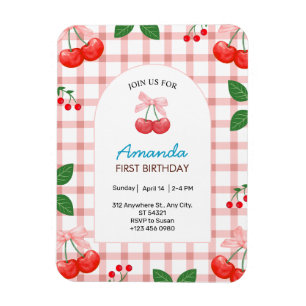 Magnet Flexible Cherry Fruit First 1st Birthday Girl Invitation