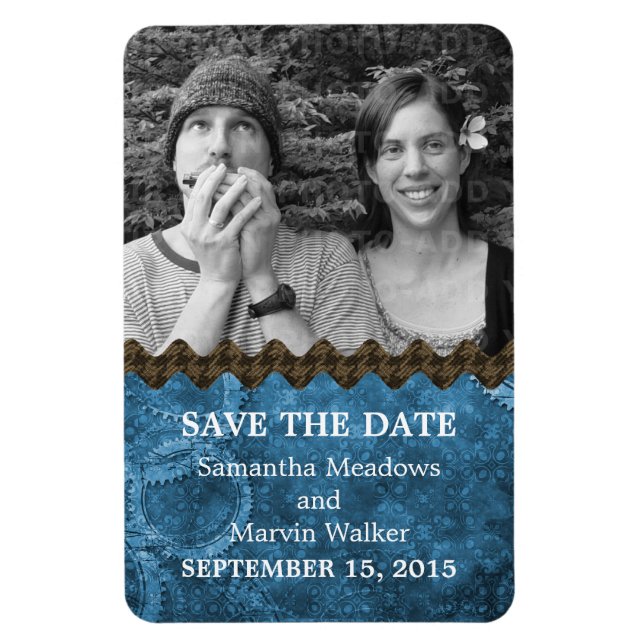 Magnet Flexible Chic Steampunk Photo Save the Date Magnet, Bleu (Vertical)