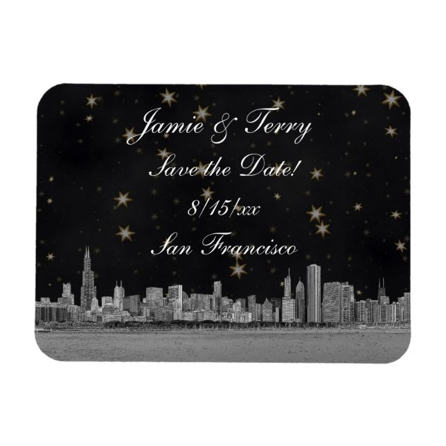 Magnet Flexible Chicago Skyline Noir Or Étoile Faire-part (Horizontal)