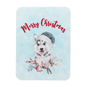 Magnet Flexible Chien de Noël Husky dans un chapeau de Père Noël