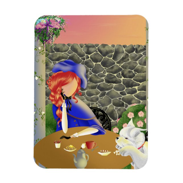Magnet Flexible Chien mignon et dame dans un café au coucher du so (Vertical)