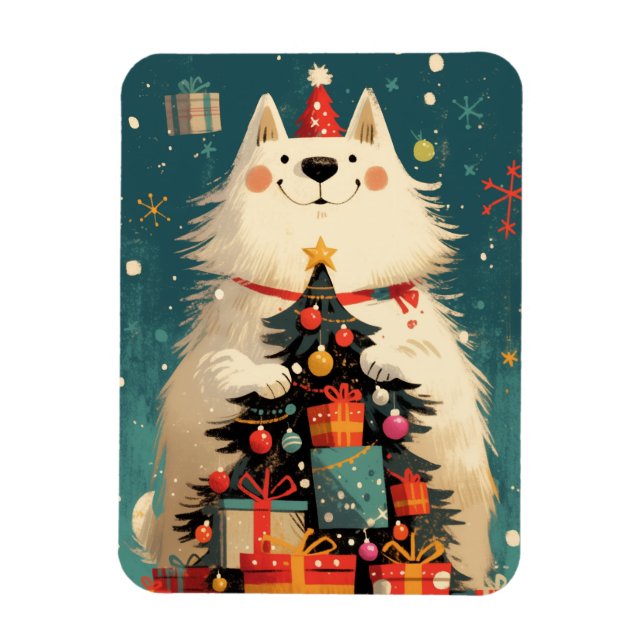 Magnet Flexible Chien Samoyède mignon avec les fêtes de Noël (Vertical)