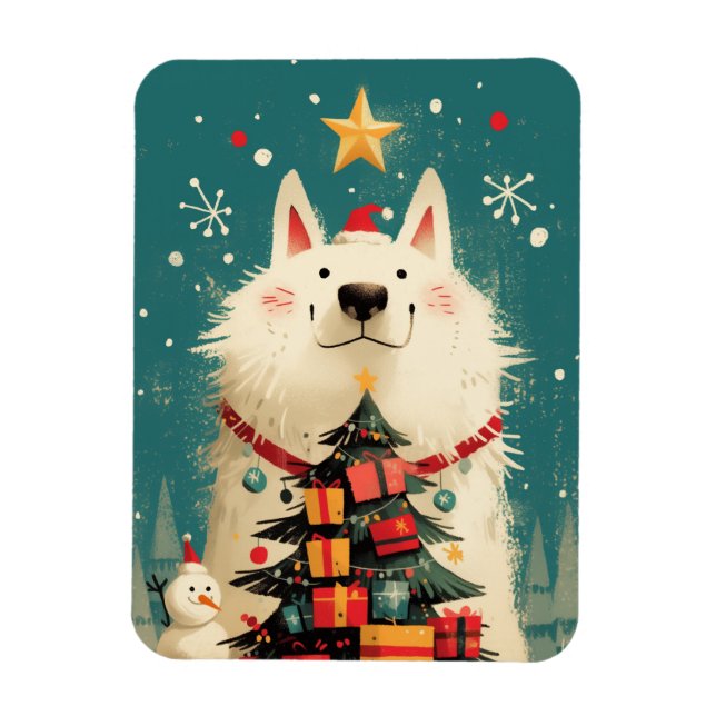 Magnet Flexible Chien Samoyède mignon avec Noël (Vertical)