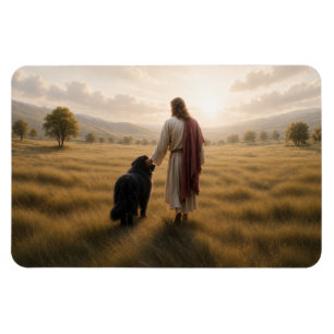 Magnet Flexible Chien Terre-Neuve marchant avec Jésus (Carte commé