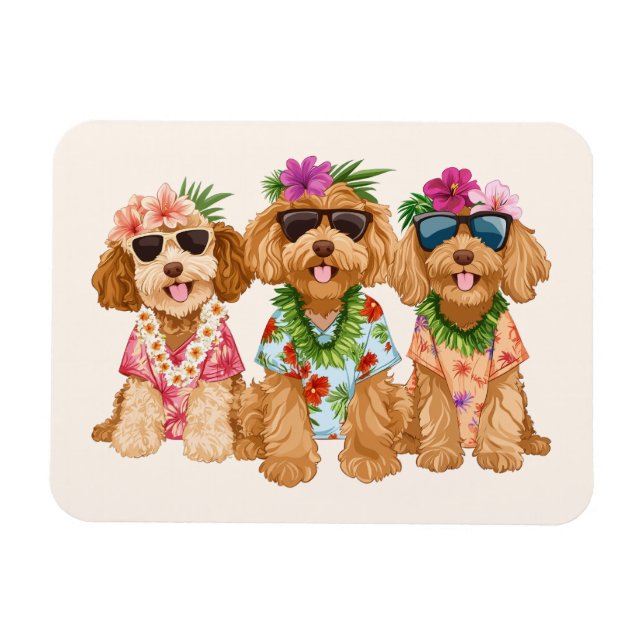 Magnet Flexible Chiens Goldendoodle Hawaïens Lei de Fleurs (Horizontal)