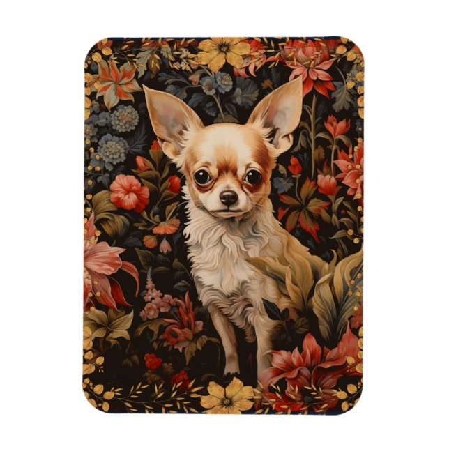 Magnet Flexible Chihuahua avec des fleurs en style William Morris (Vertical)
