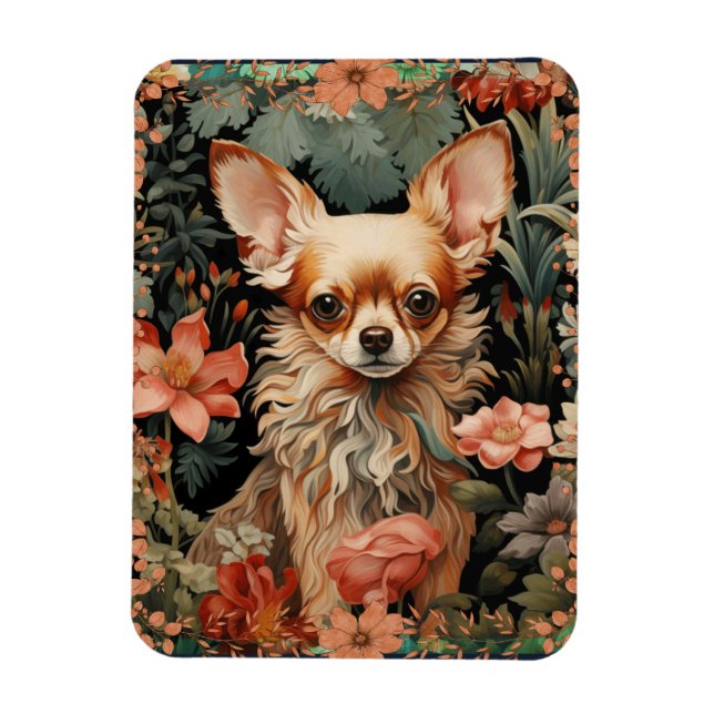 Magnet Flexible Chihuahua avec des fleurs en style William Morris (Vertical)