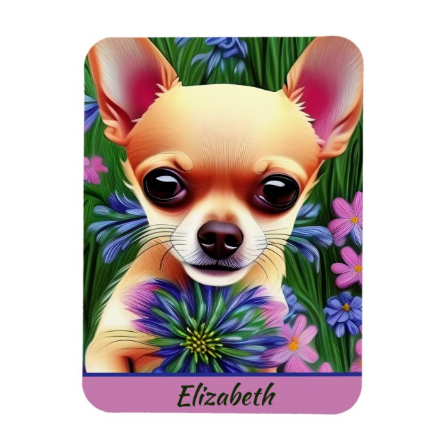Magnet Flexible Chihuahua Puppy dans la prairie de fleurs Personna (Vertical)