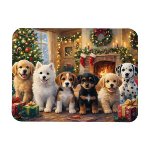 Magnet Flexible Chiots de Noël près de la cheminée et de l'arbre d