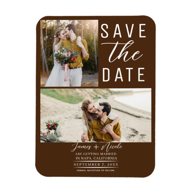 Magnet Flexible Chocolat Brun 2 Photos Save the Date Mariage (Vertical)