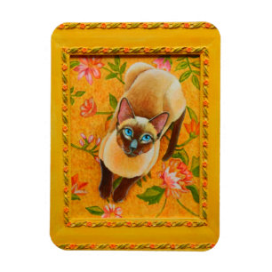Magnet Flexible Chocolat Point Siamese Chat sur tapis Floral