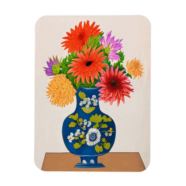 Magnet Flexible Chrysanthèmes dans un vase chinois bleu (Vertical)
