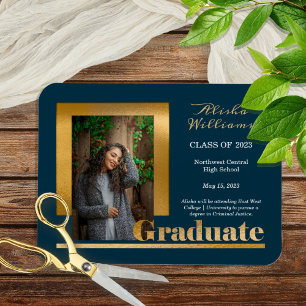 Magnet Flexible Classy Elegant Gold Text Graduate 1 Photo Dk Turqu