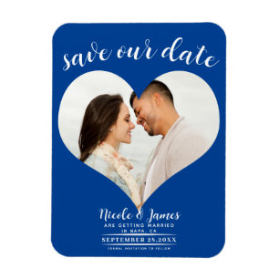 Magnet Flexible Cœur Bleu Profond Photo Mariage Épargnez la Date