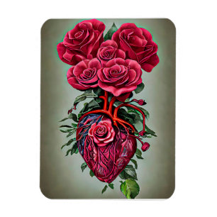 Magnet Flexible Coeur humain avec fleurs de rose rouge art surréal