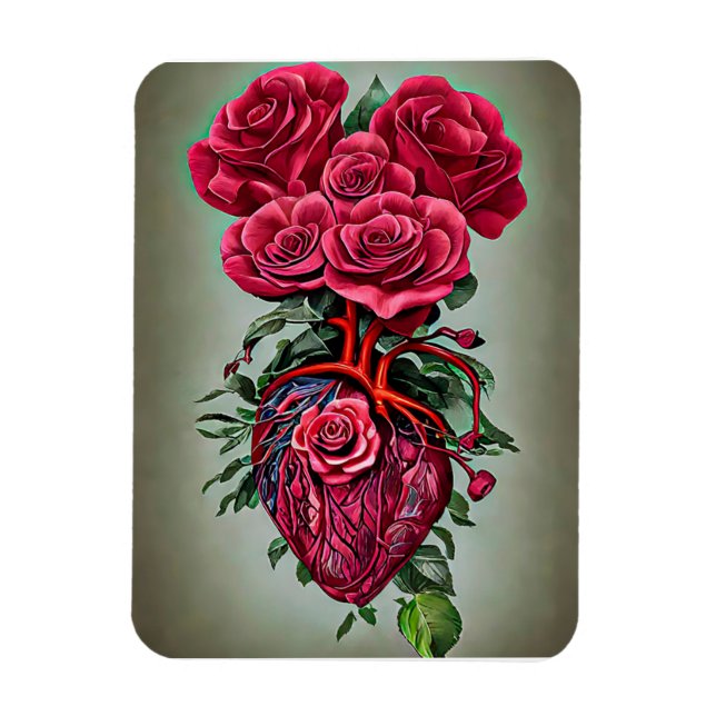 Magnet Flexible Coeur humain avec fleurs de rose rouge art surréal (Vertical)