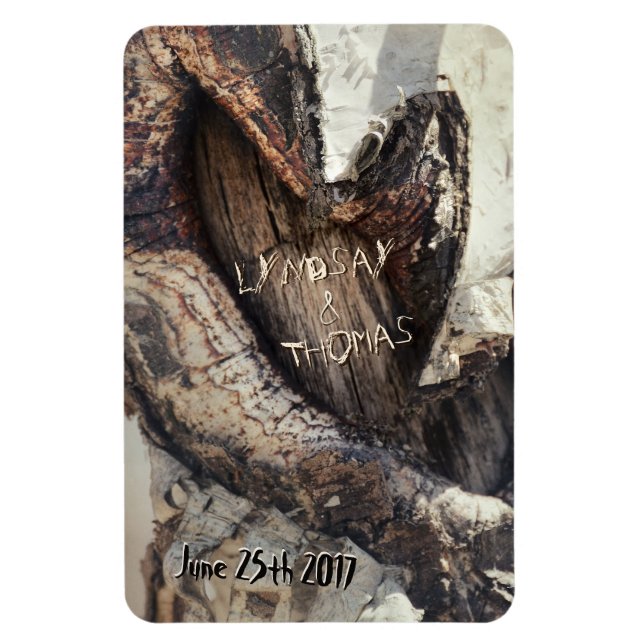 Magnet Flexible Coeur rustique en écorce de bouleau Noms sculptés  (Vertical)