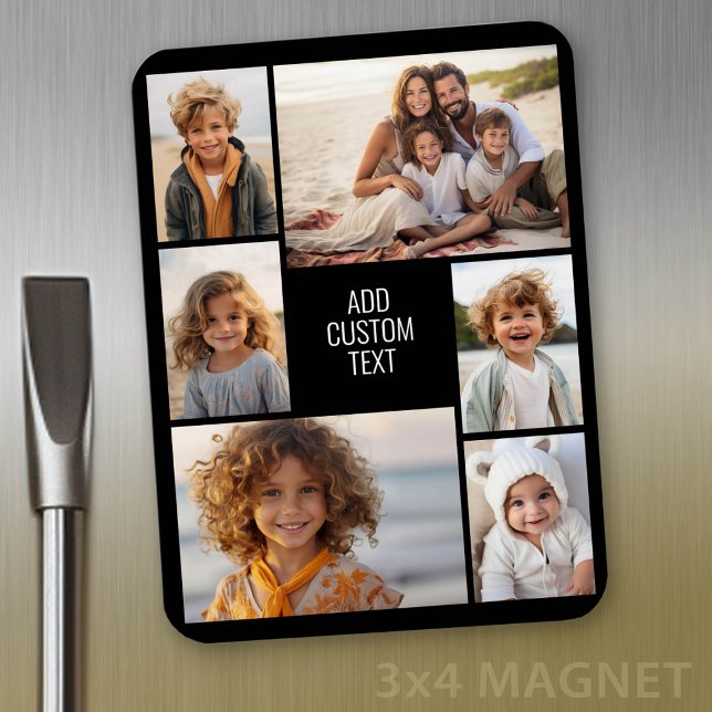 Magnet Flexible collage de 6 photos - fond noir - texte blanc (Personalized magnet with photo collage and text)