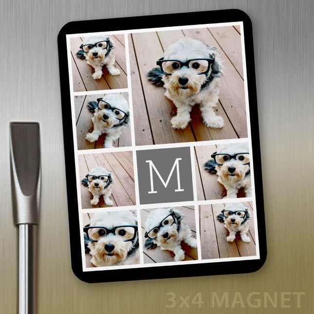 Magnet Flexible Collage de 8 photos noir et gris - avec monogramme (Personalized fridge magnet - add photos and custom text)