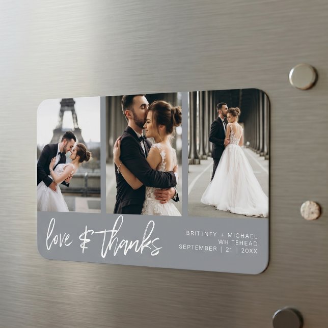 Magnet Flexible Collage de photos Merci Amour écrit à la main Gris (Modern Gray Love and Thanks Photo Collage Wedding Magnet that is a perfect keepsake.)