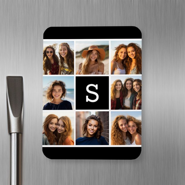 Magnet Flexible Collage photo noir et blanc Monogramme personnalis (Personalized fridge magnet with photos and text)