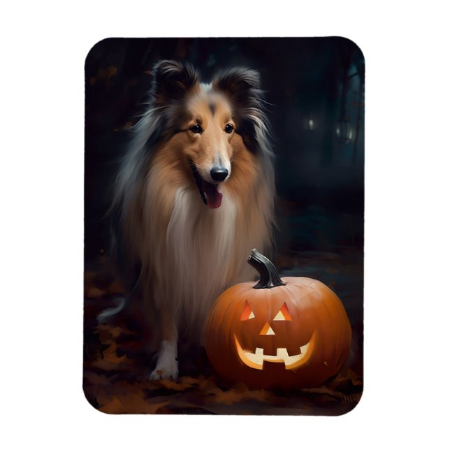 Magnet Flexible Collie Rough Halloween avec citrouilles effrayant (Vertical)