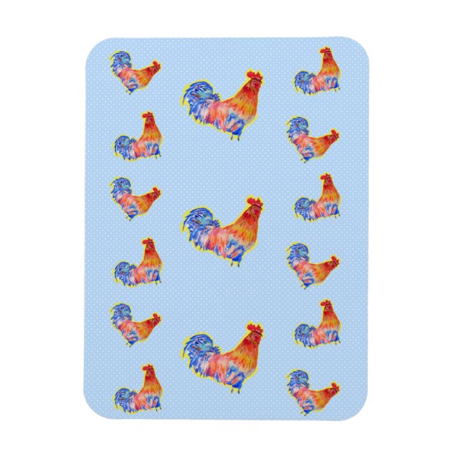 Magnet Flexible Coq Rouge Drôle Cockerel Taches Bleues et Blanches (Vertical)