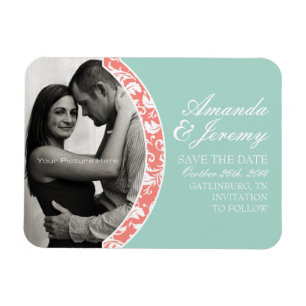 Magnet Flexible Corail et Mint Damask Photo Wedding Enregistrer La
