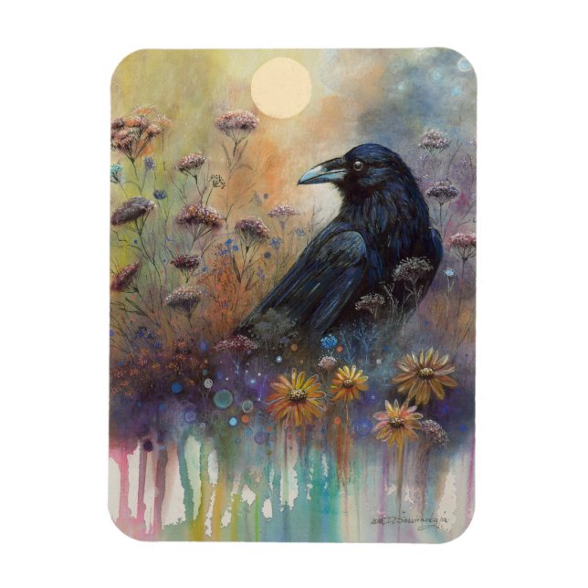 Magnet Flexible Corbeau peint à la main avec Fleurs sauvages (Vertical)