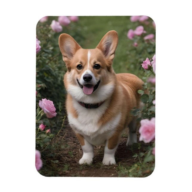 Magnet Flexible Corgi Dans Les Roses Rose, (Vertical)