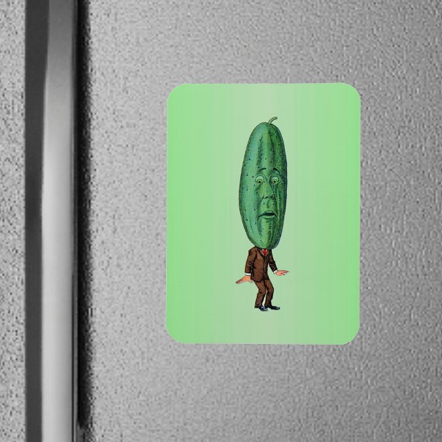 Magnet Flexible Costume Brown Imaginaire Pickle Man (Funny man in suit big green pickle head with face on green rectangular magnet.)