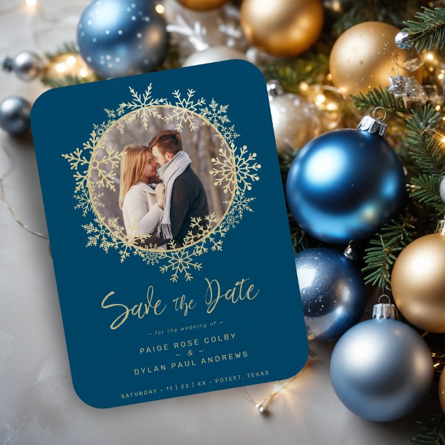 Magnet Flexible Couronne de flocons de neige dorés Cadre photo Mar (Lovely Gold Snowflakes Wreath Photo Frame Wedding Magnets as a Save the Dates Cards.)