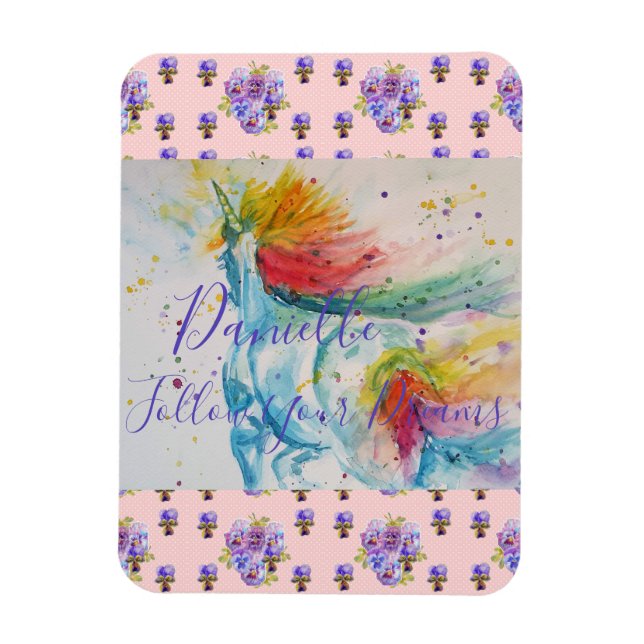 Magnet Flexible Couverture de licorne aquarelle rose avec prénom d (Vertical)