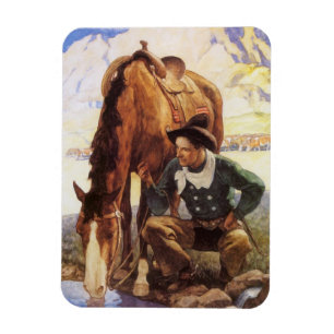 Magnet Flexible Cowboy arroser son cheval par NC Wyeth, Art Vintag