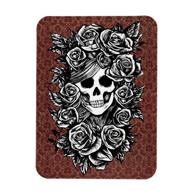 Magnet Flexible Crâne Rose Goth Dessin original à l'encre Art (Vertical)