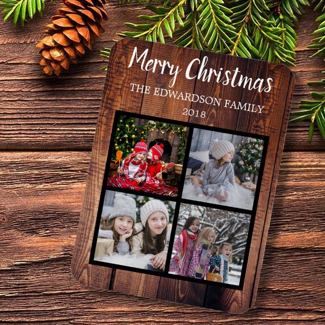 Magnet Flexible Créez votre propre collage photo de famille de noë (Merry Christmas family photo collage, rustic magnetic card.)