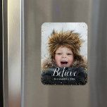 Magnet Flexible Croire | Parties scintillant Glitz Faux superposit<br><div class="desc">Magnets photo de vacances imprimés sur mesure avec un modèle simple pour la personnalisation. Ce design moderne chic a une bordure de confetti en faux parties scintillant et un texte de calligraphie élégant. Le libellé dit "Crois". Personnalisez-le avec vos photos et ajoutez votre nom de famille et l'année. Utilisez les...</div>
