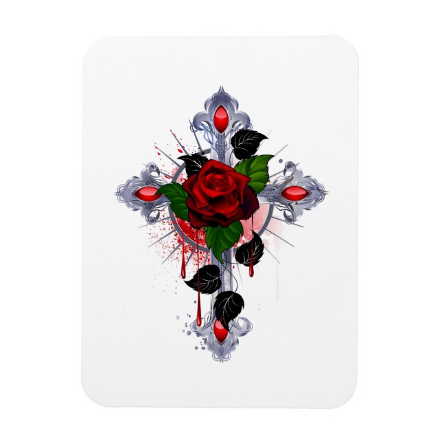 Magnet Flexible Croix d'argent avec une rose rouge (Vertical)