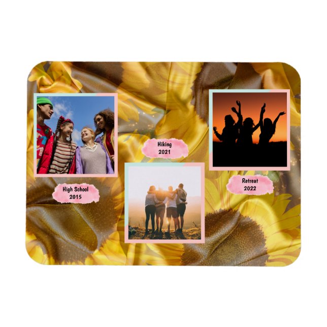 Magnet Flexible Custom Three Photo Text Silk Sunflowers Decoupage (Horizontal)